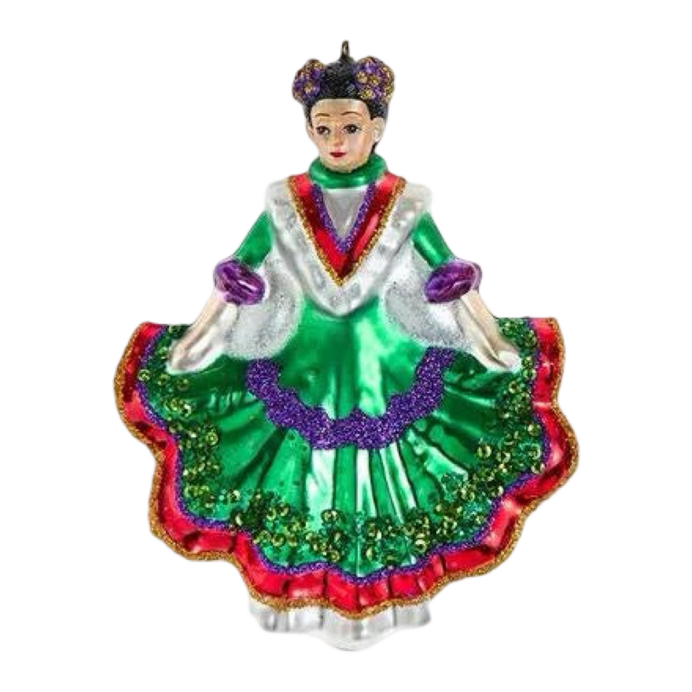 Glass ornament of a traditional Mexican dancer in a flowing green dress.