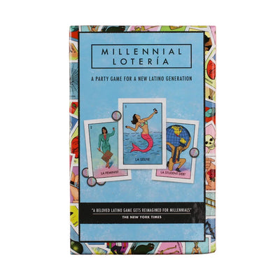 Box of “Millennial Lotería: A Party Game for a New Latino Generation” with a blue cover showing three playful cards labeled “La Feminist,” “La Selfie,” and “La Student Debt."