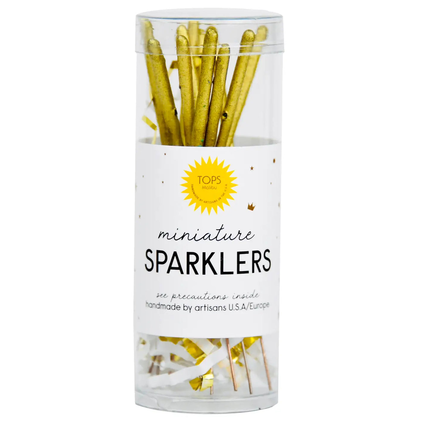 Clear tube labeled “Miniature Sparklers” filled with 12 gold sparklers and white paper filler, featuring a yellow sunburst TOPS Malibu logo on the label.
