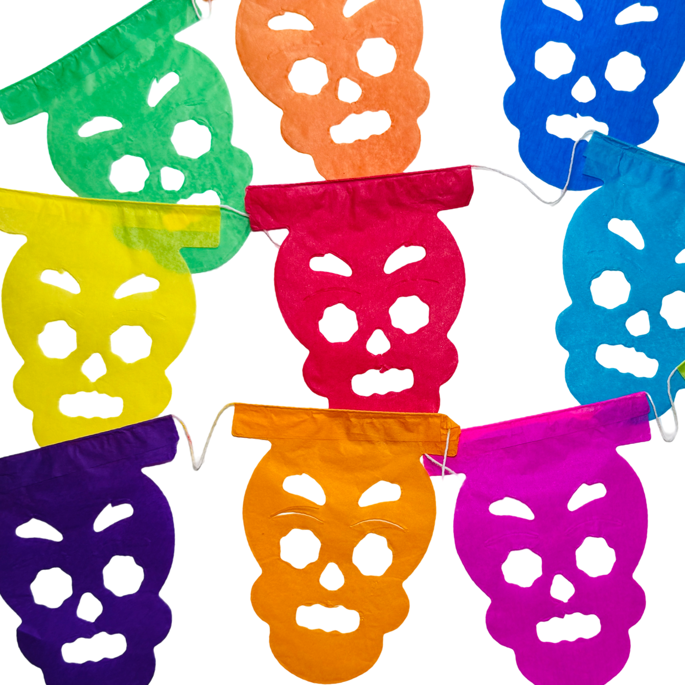 multicolor skull shaped papel picado tissue paper banners attached to a white string.