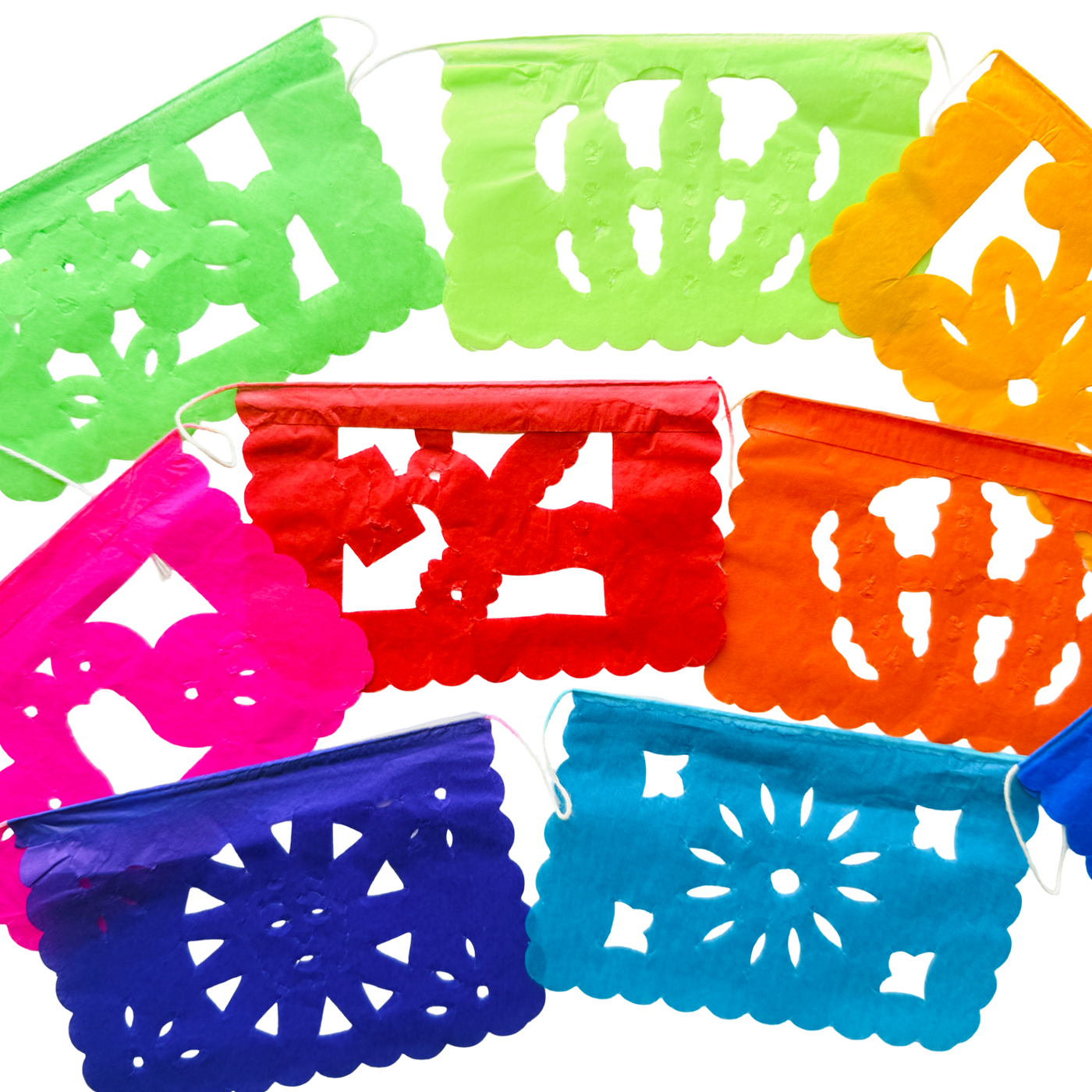A papel picado banner of various colors and various skeleton designs. Papel picado , or perforated paper, is a traditional Mexican decorative craft made by cutting elaborate designs into sheets of tissue paper.