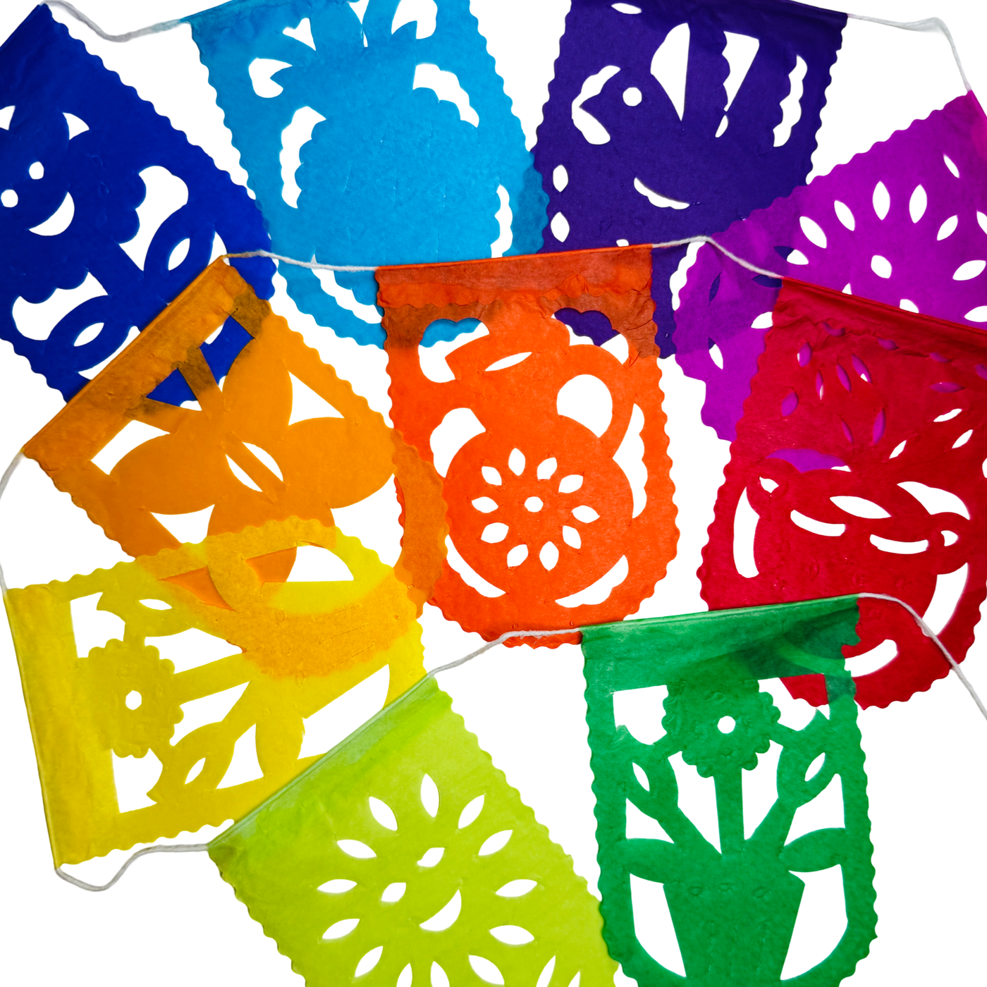 multicolor scallop shaped papel picado tissue paper flags attached to a white string with various designs including but not limited to flowers, suns, cactus, birds, and pineapples