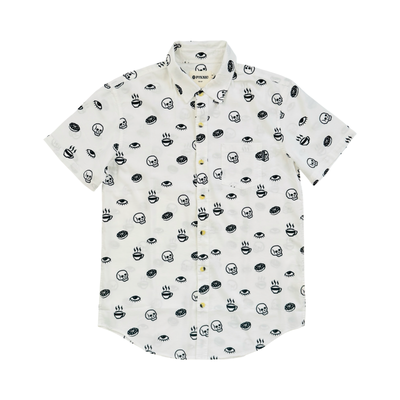 White short-sleeve button-down shirt with allover black prints of coffee cups, donuts, skulls, and eyes.