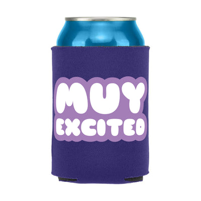 purple can cooler with the phrase Muy Excited in white and light purple