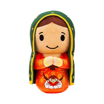 Soft plush doll of Our Lady of Guadalupe wearing a green starry mantle and orange embroidered gown, hands together in prayer.