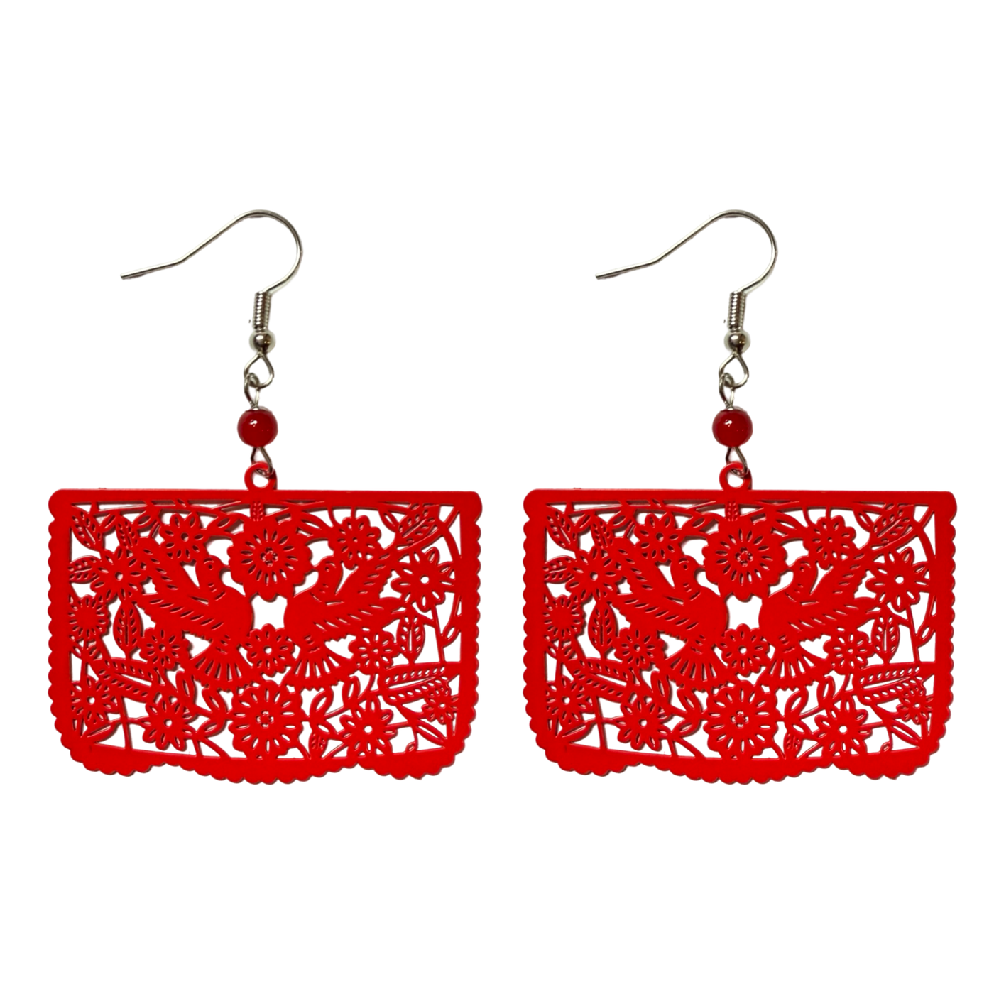 red earrings designed to resemble papel picado with floral and dove cutout patterns.