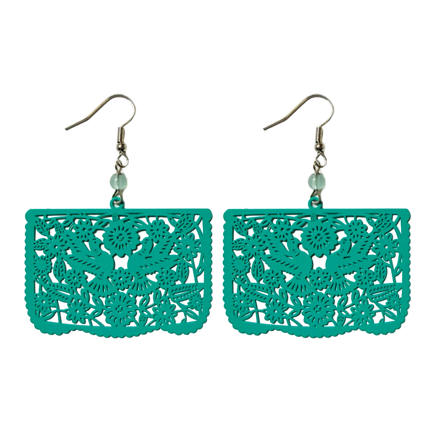 teal earrings designed to resemble papel picado with floral and dove cutout patterns.