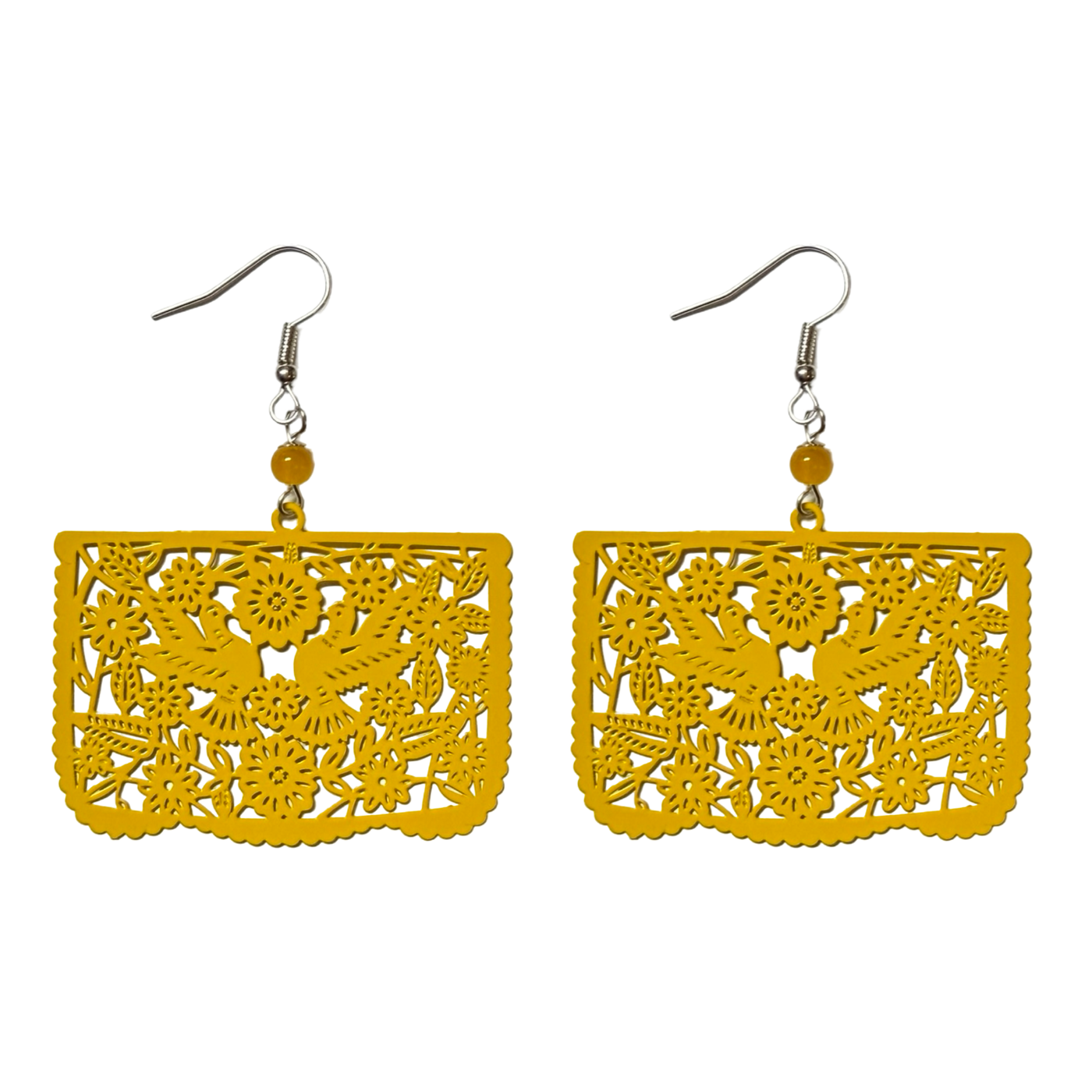 yellow earrings designed to resemble papel picado with floral and dove cutout patterns.