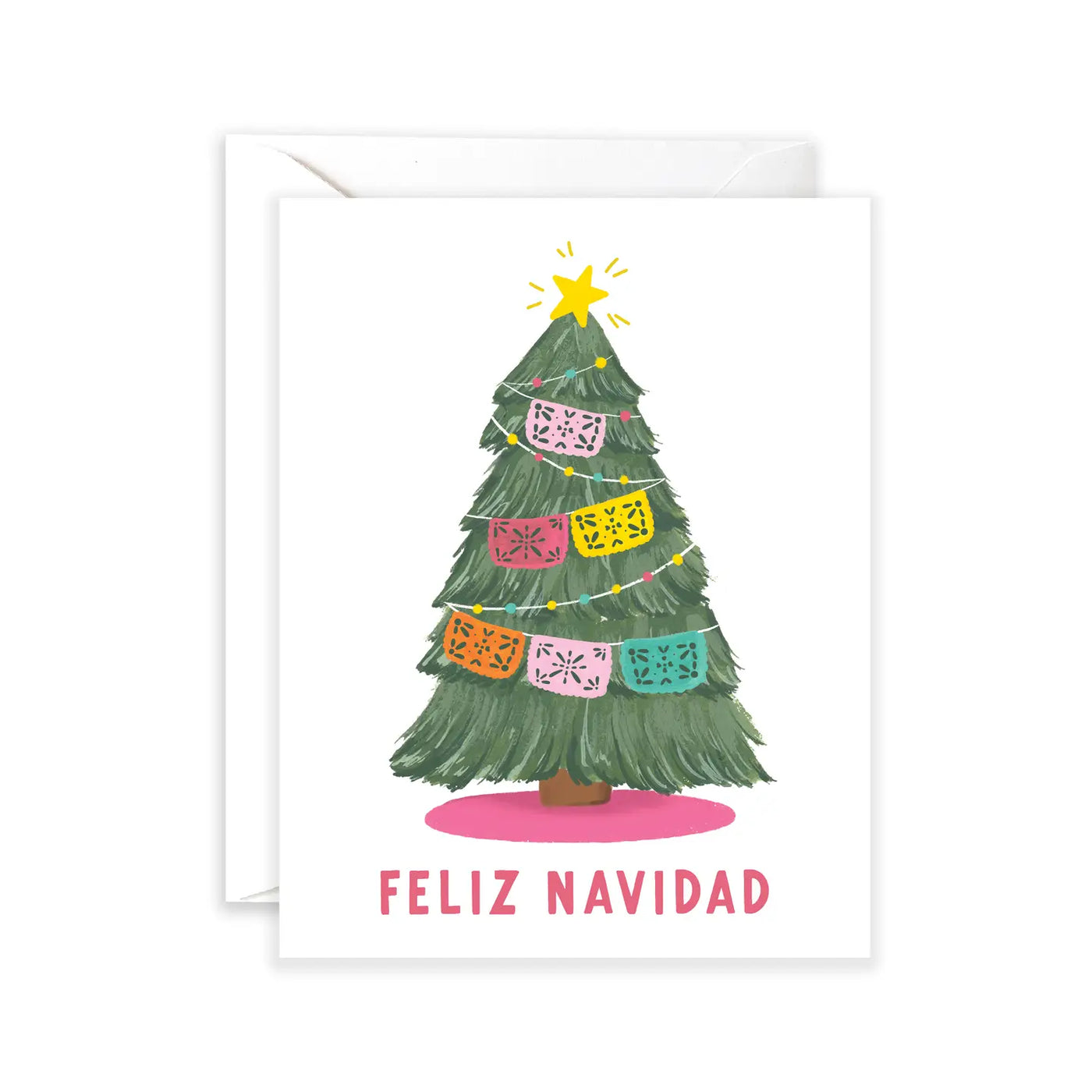 Illustrated Christmas tree decorated with colorful papel picado banners and string lights, topped with a yellow star, with the words “Feliz Navidad” printed below.