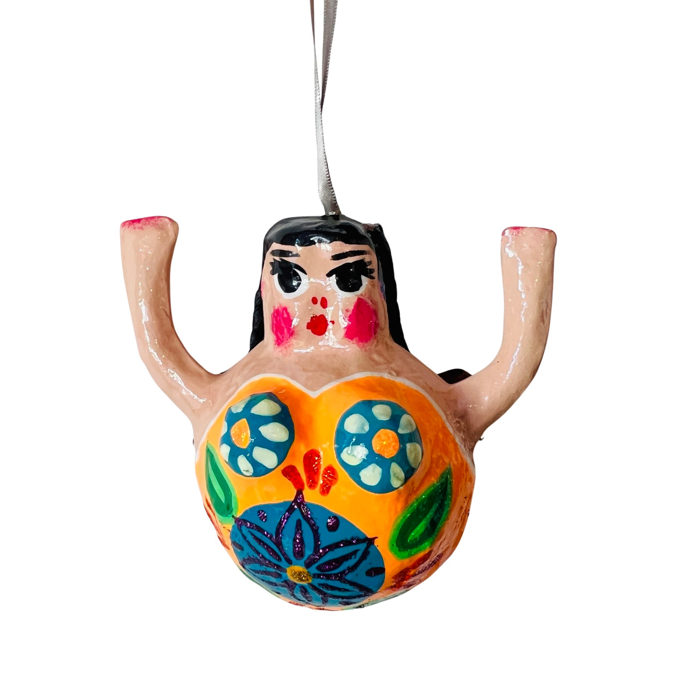 Orange paper mache women with multi-colored designs