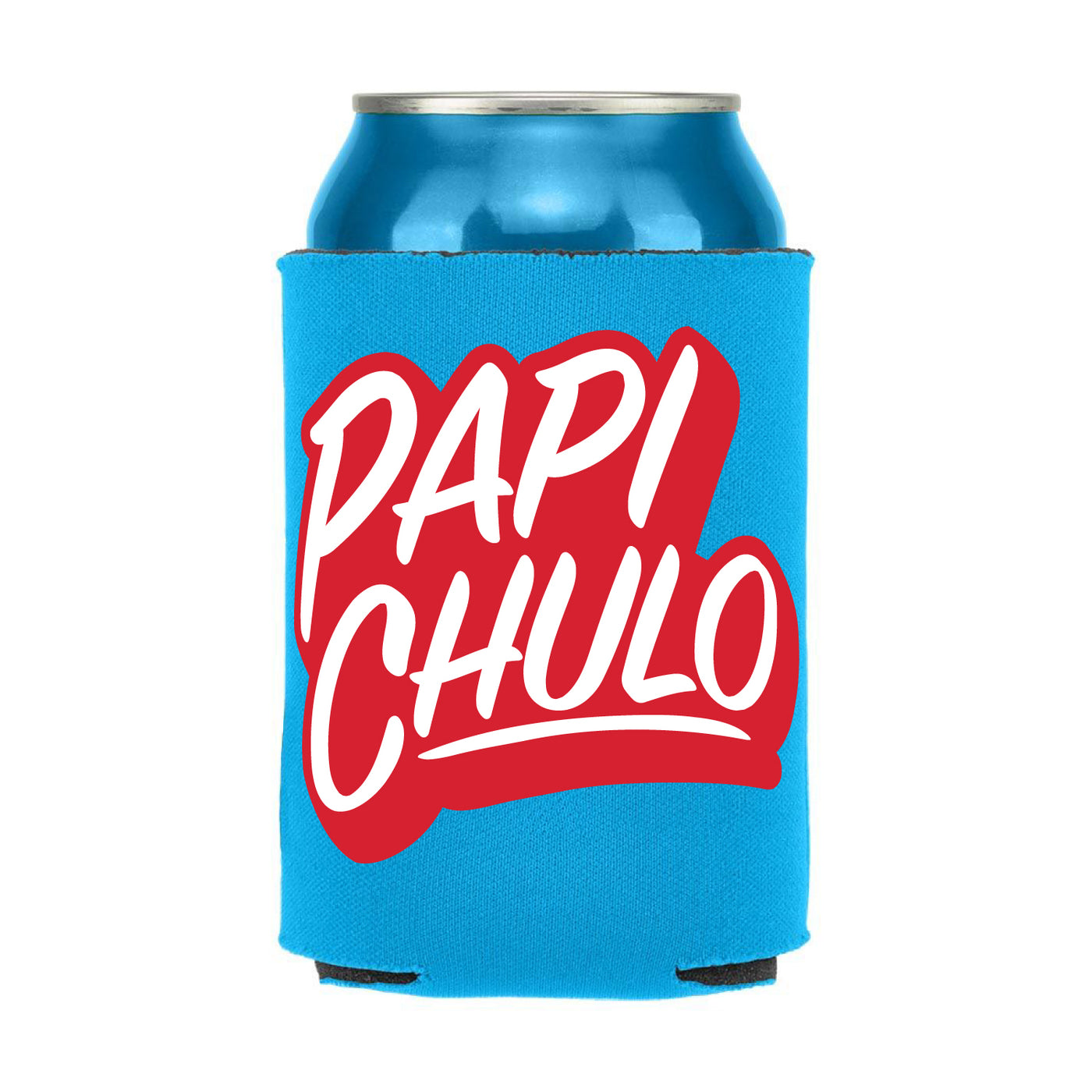 Turquoise can cooler with the phrase Papi Chulo in white lettering and outlined in red