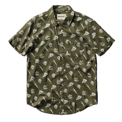 Olive green short-sleeve button-down shirt on a white background, printed all over with white tattoo-flash illustrations of pizza slices, skulls, daggers, and roses.