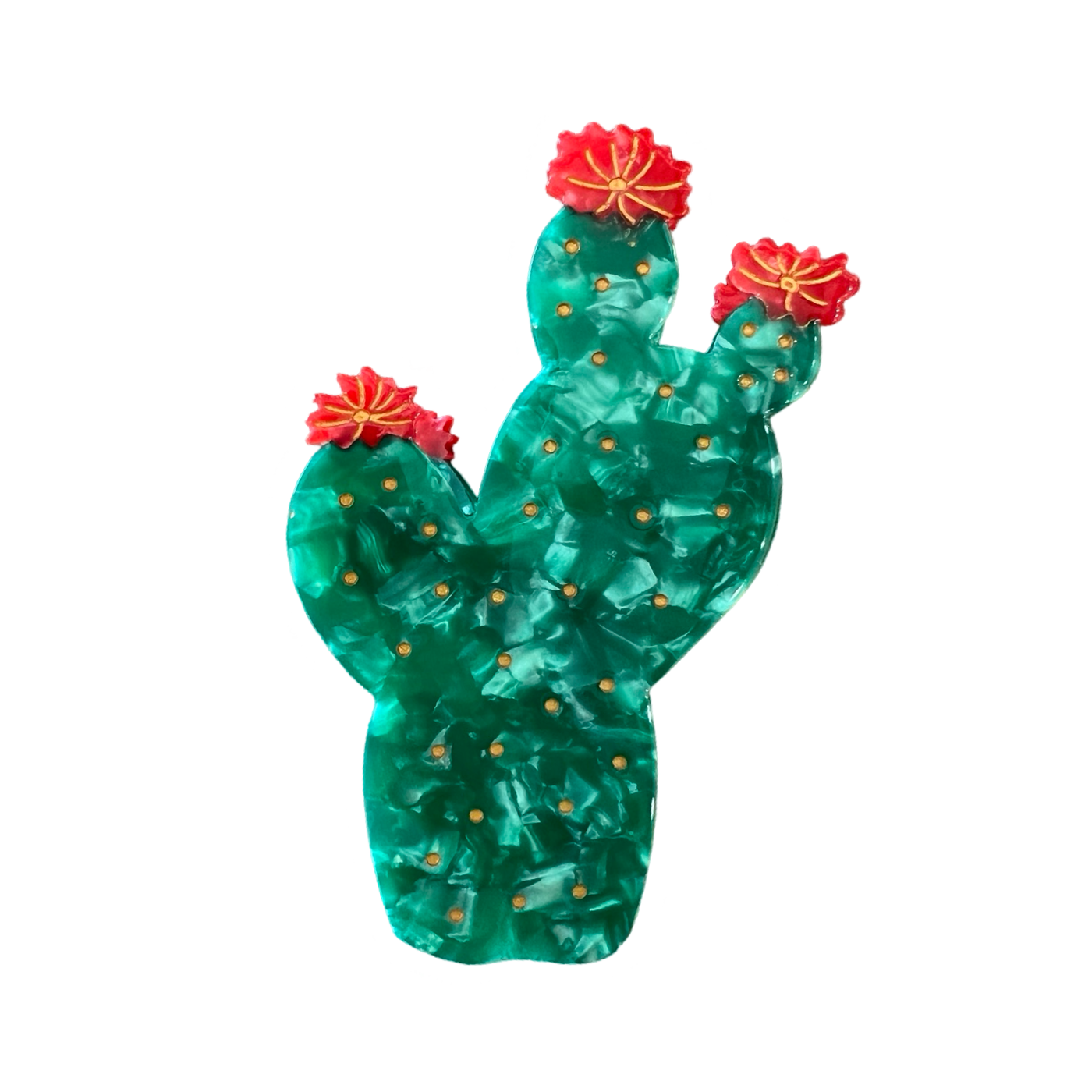 Green prickly pear cactus-shaped hair claw clip with red flowers and gold accents.