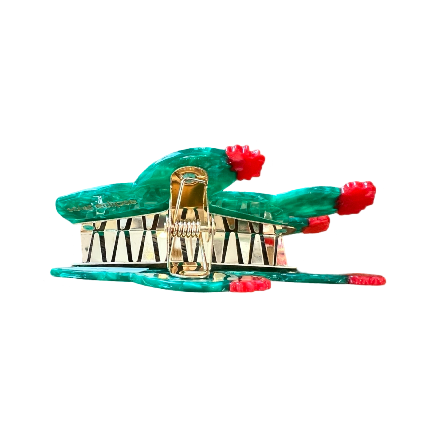 side view of a Green prickly pear cactus-shaped hair claw clip with red flowers and gold accents.