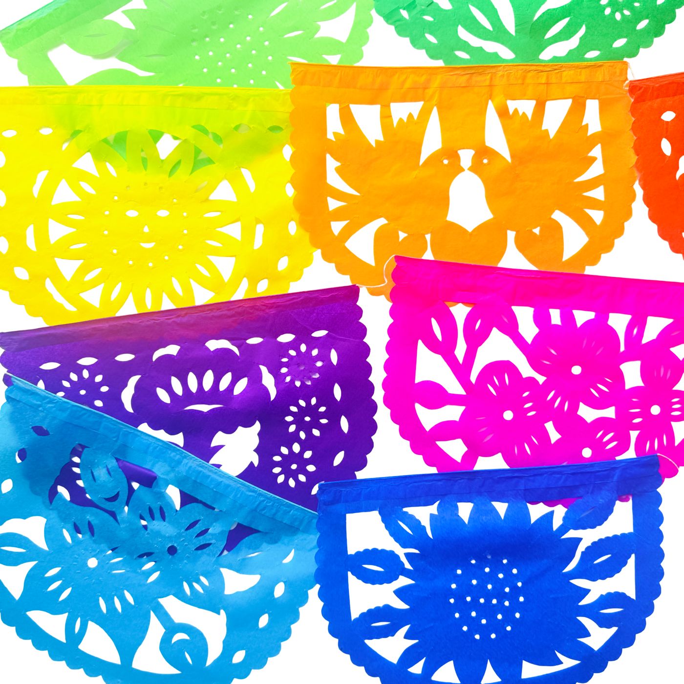 A half oval shaped papel picado banner of various colors and various skeleton designs. Papel picado , or perforated paper, is a traditional Mexican decorative craft made by cutting elaborate designs into sheets of tissue paper.