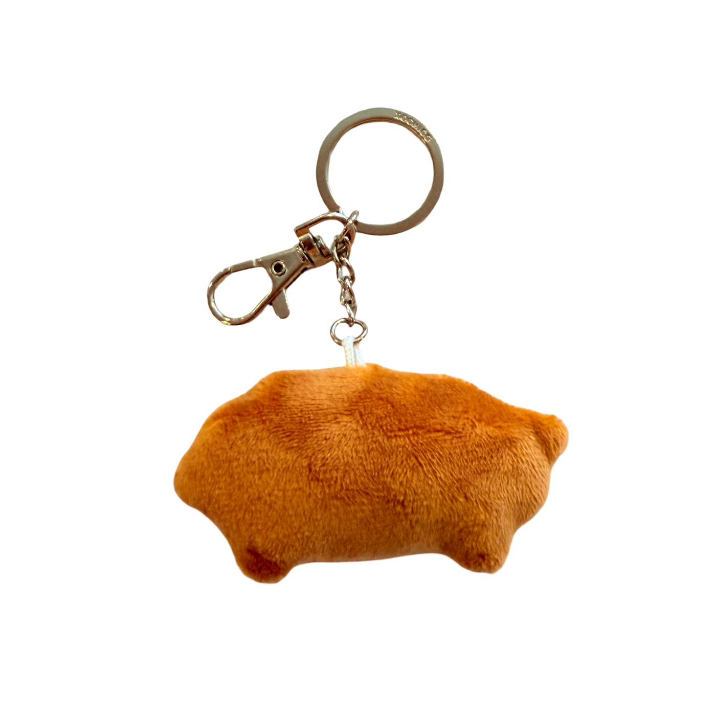 brown puerquito, or piggy, plush keychain with a silver ring and clip.