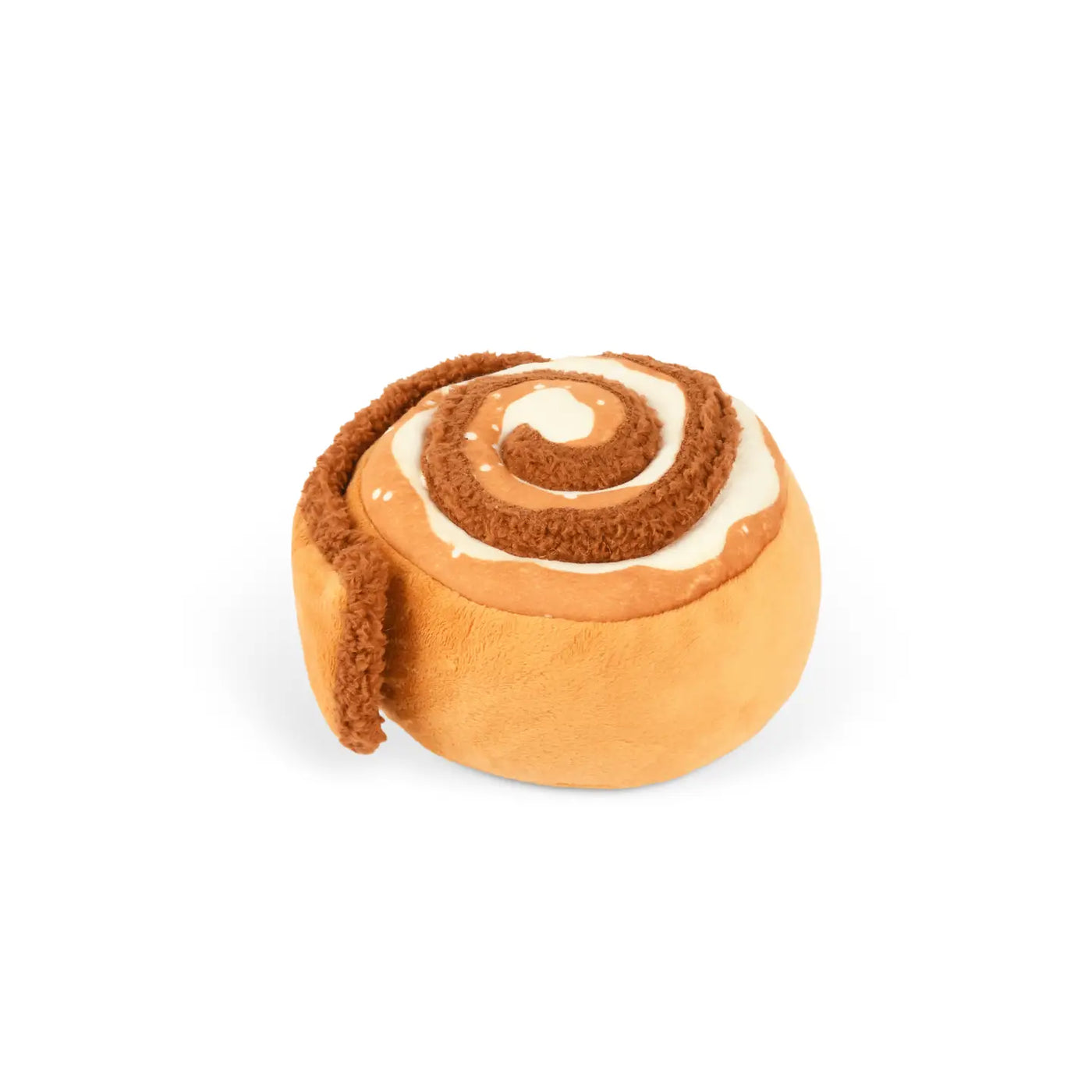 A plush dog toy shaped like a cinnamon roll, featuring realistic swirled icing and soft textured detailing for a playful and cozy look.