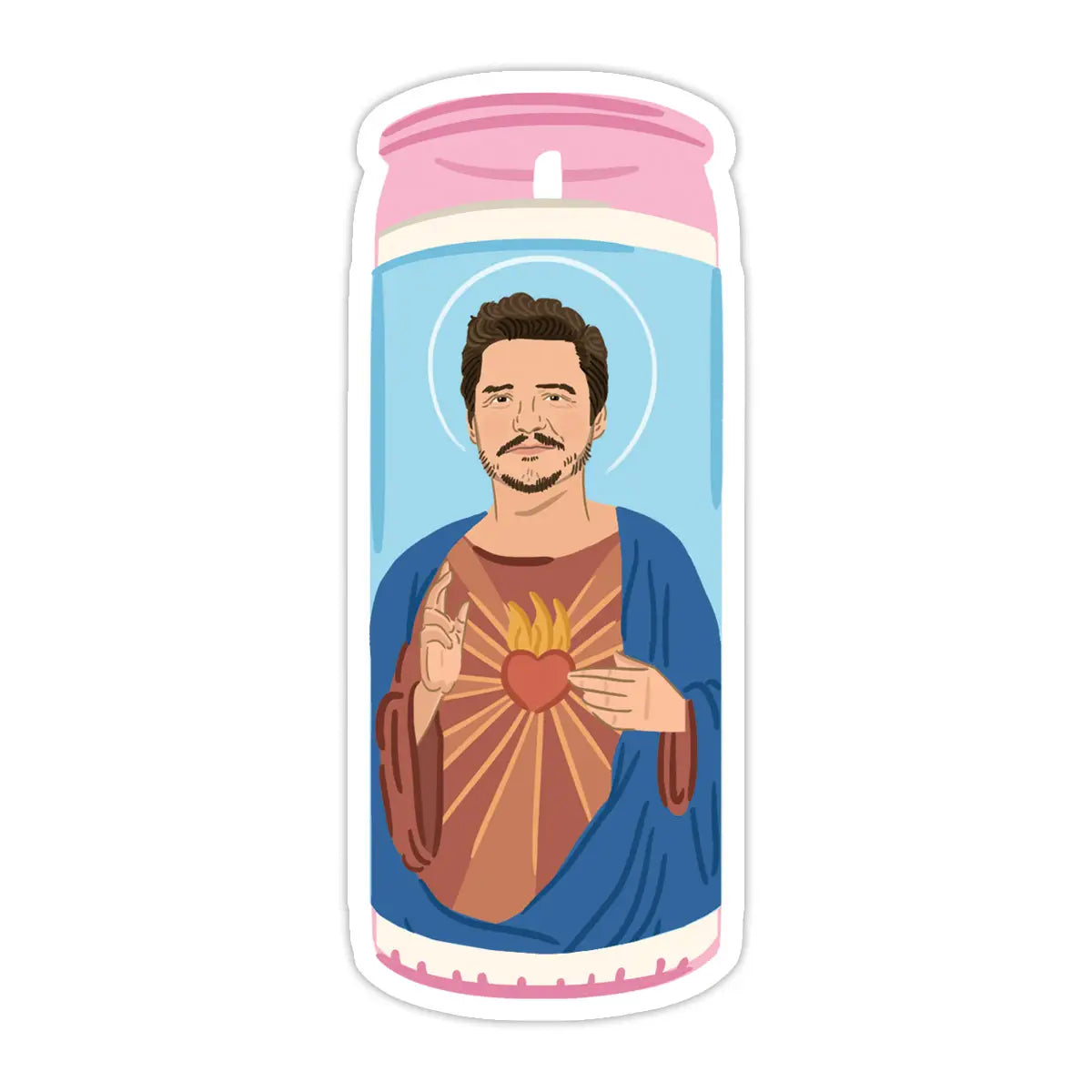 Candle-shaped product with a portrait of a person holding a heart on a white background