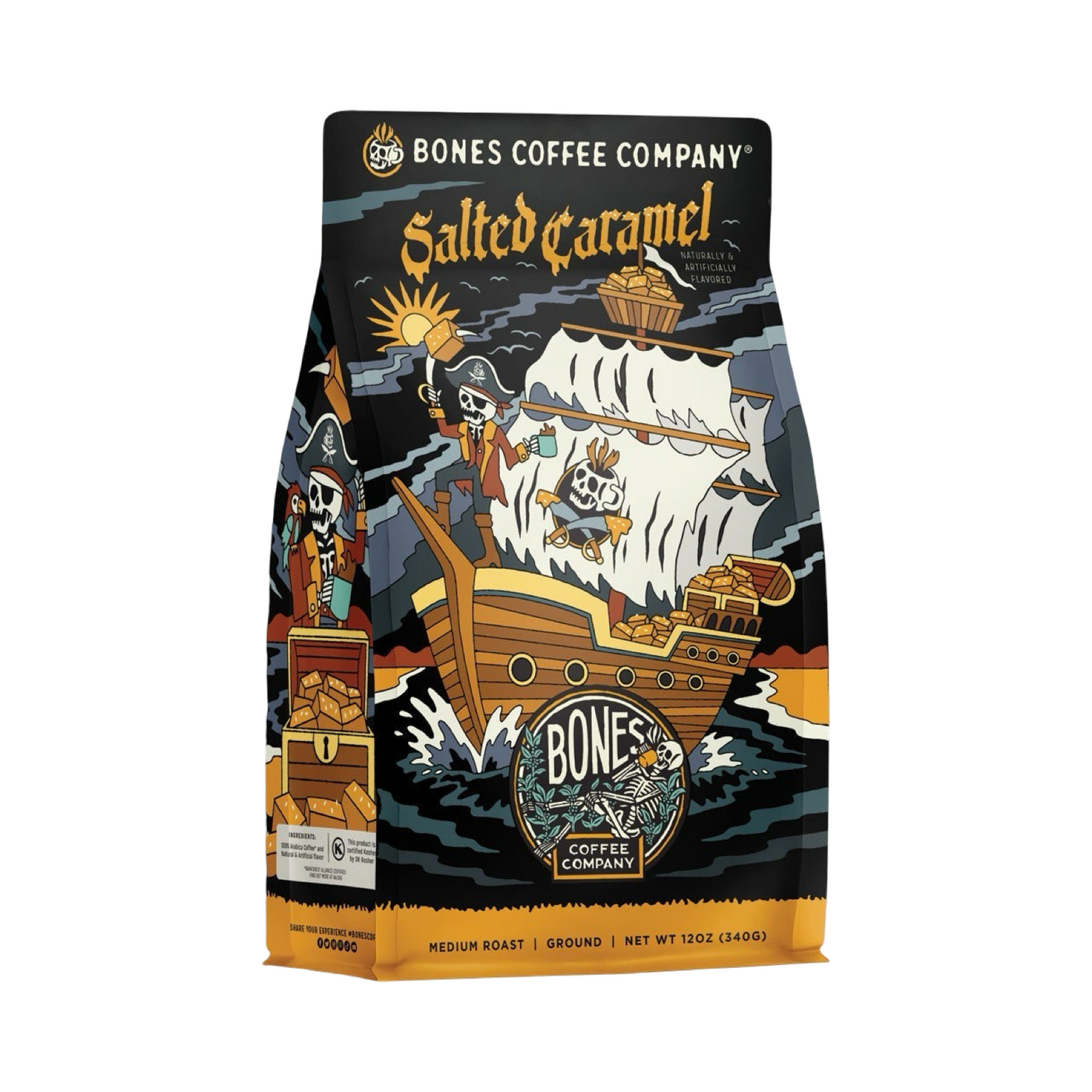 Bones Coffee Company Salted Caramel coffee bag, showing a pirate ship and skeleton crew carrying caramel treasures, labeled “Salted Caramel Flavored Coffee.”