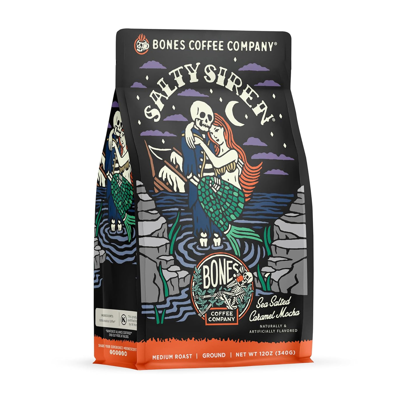 Bones Coffee Company Salty Siren coffee bag, featuring artwork of a skeleton sailor embracing a mermaid by the sea under a crescent moon, labeled “Sea Salted Caramel Mocha Flavored Coffee.”