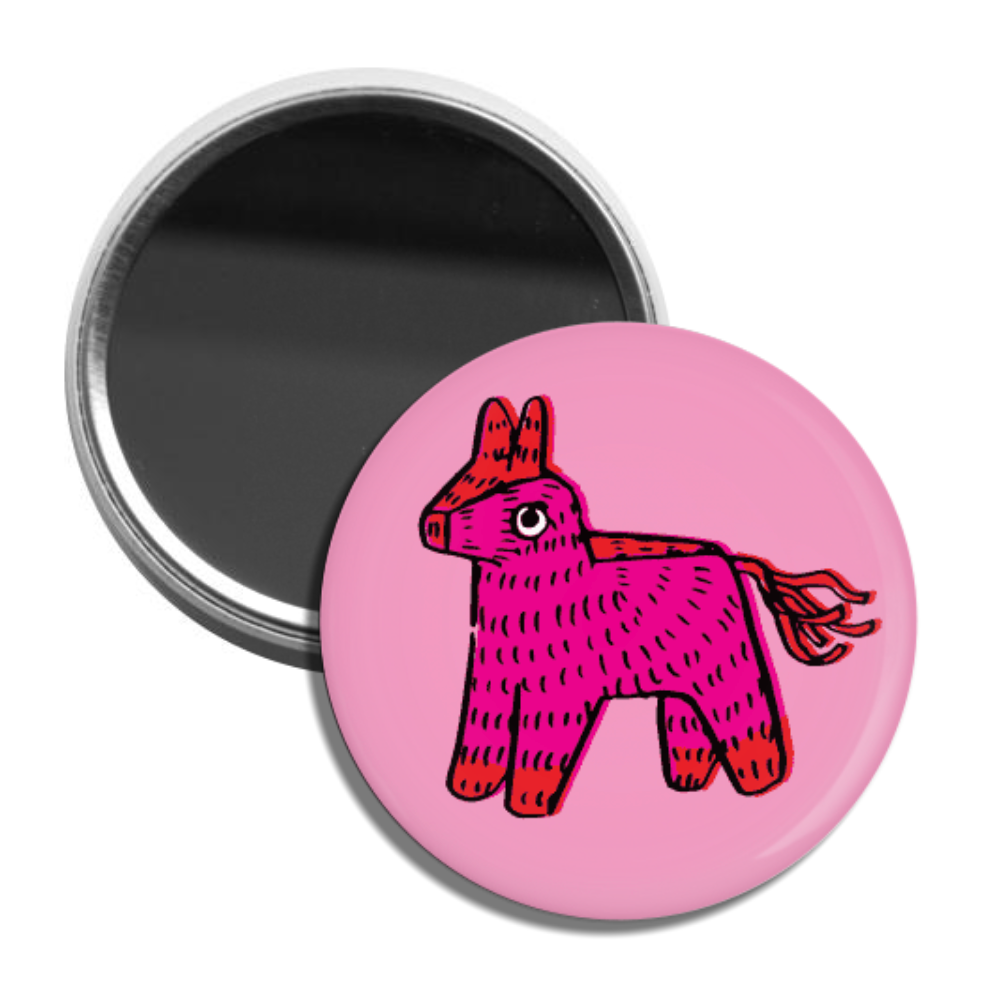 circular pocket mirror with image of a hot pink piñata on the backside