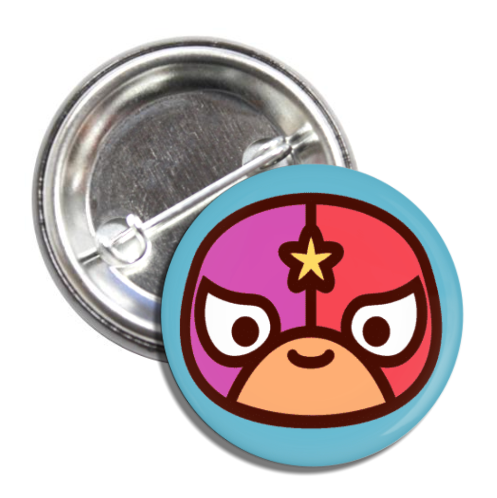 Light blue round pin button with a luchador  