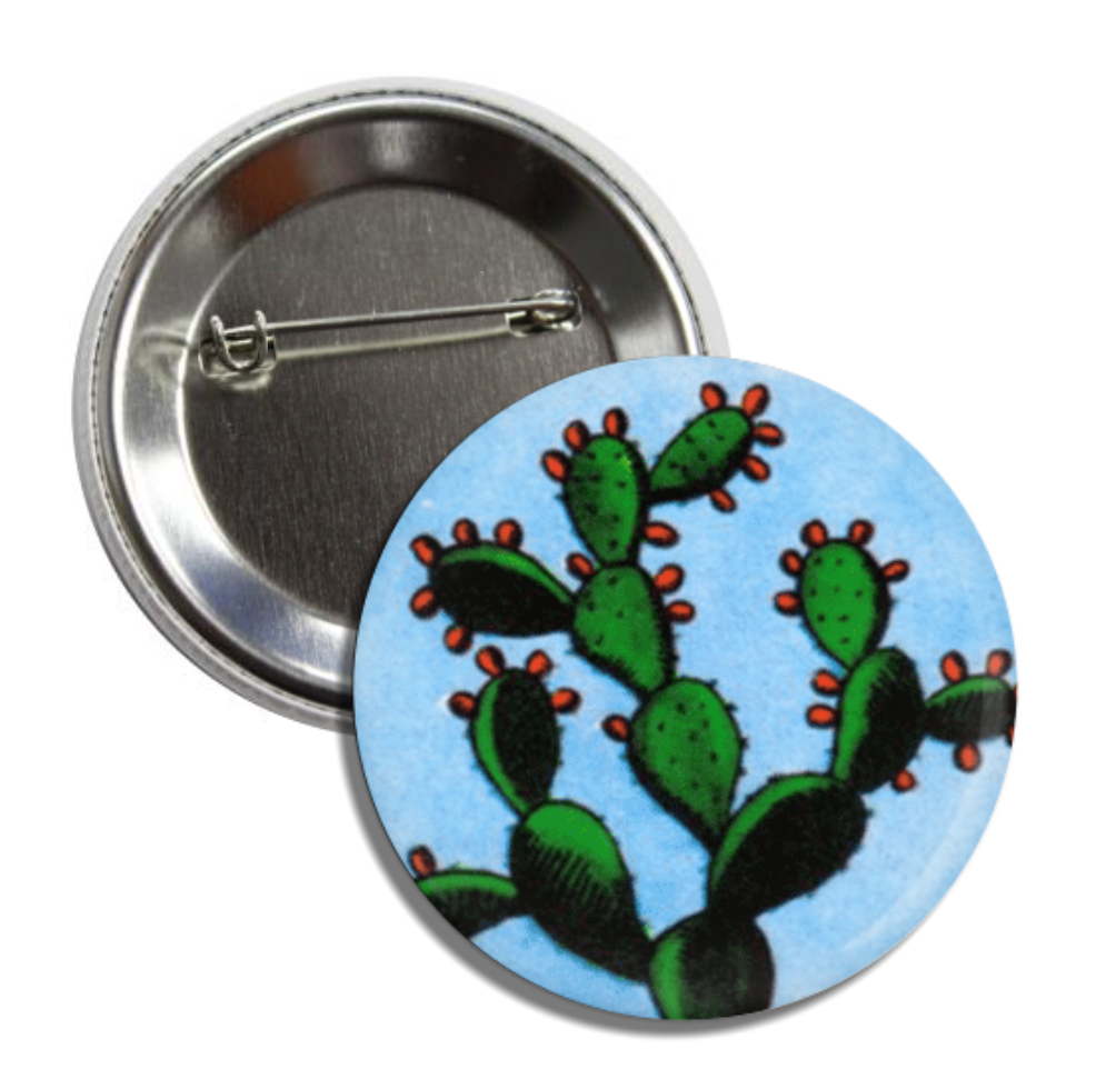 Round pin back button with illustration of a nopal cactus