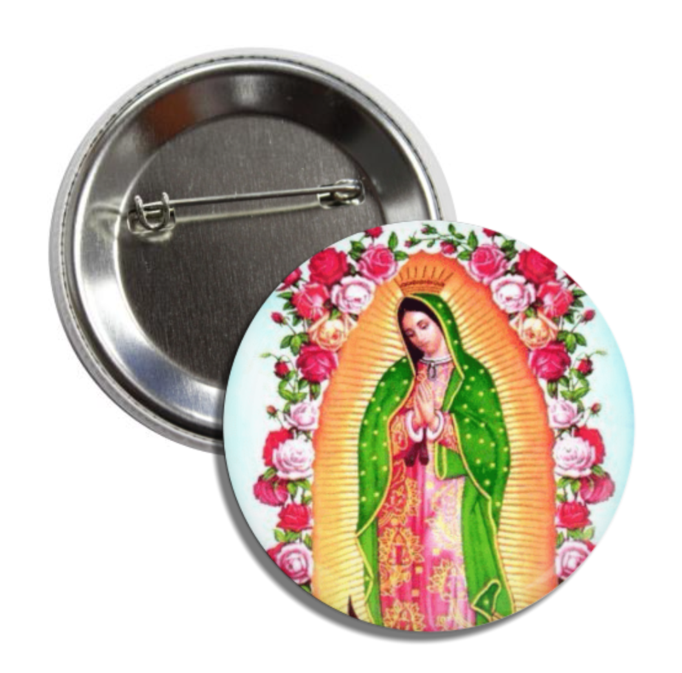 Round pin button with an image of the Virgin Mary