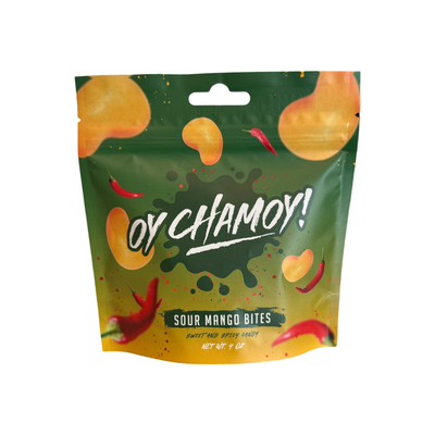4 oz bag that is green to orange ombre in color with images of mango and red chile peppers.