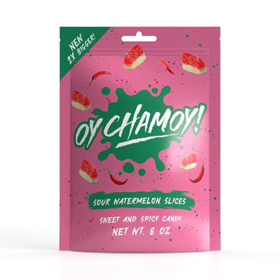 Pink packaging of Oy Chamoy sour watermelon slices