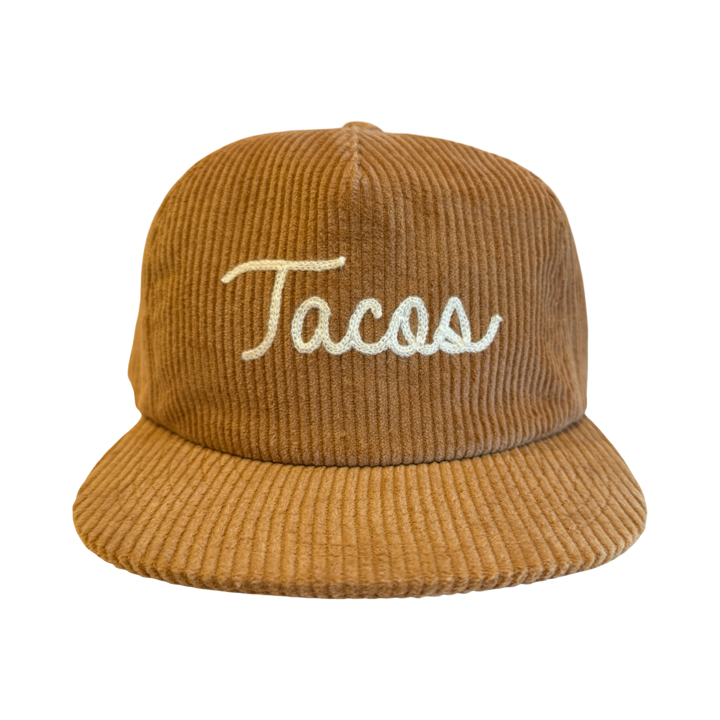 Orange corduroy hat with the word “Tacos” embroidered in white script on the front.