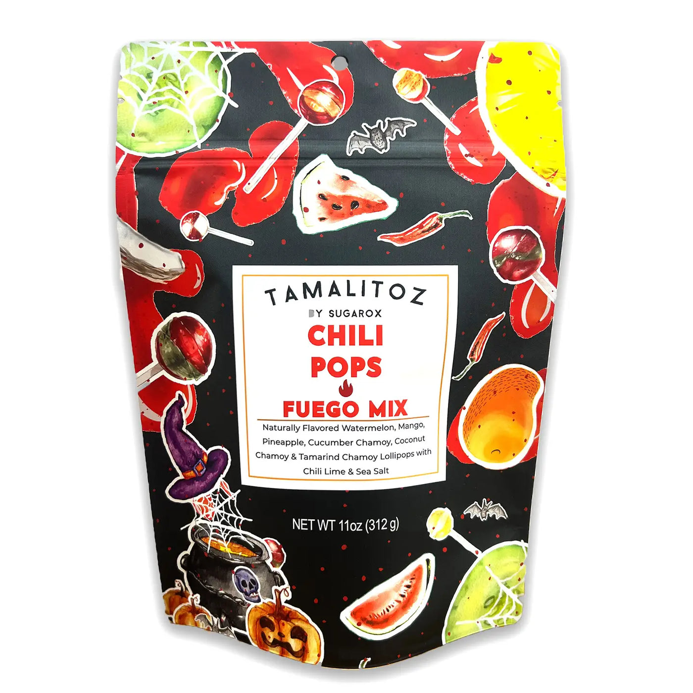 Tamalitoz Chili Pops Fuego Mix packaging with colorful illustrations on a black background