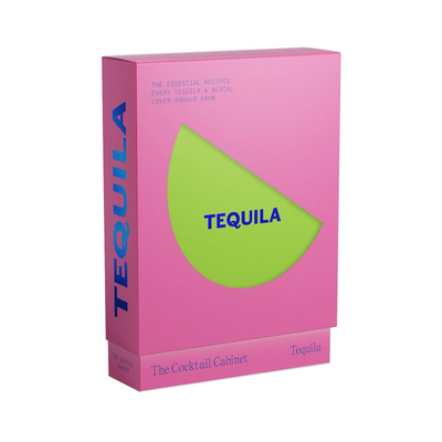 A vibrant pink box titled "Tequila" from The Cocktail Cabinet series. The cover features a bold green semicircle with the word "TEQUILA" in blue, and the text “The essential recipes every tequila & mezcal lover should know” in small blue letters.