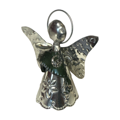 tin shaped angel holding a bowl.