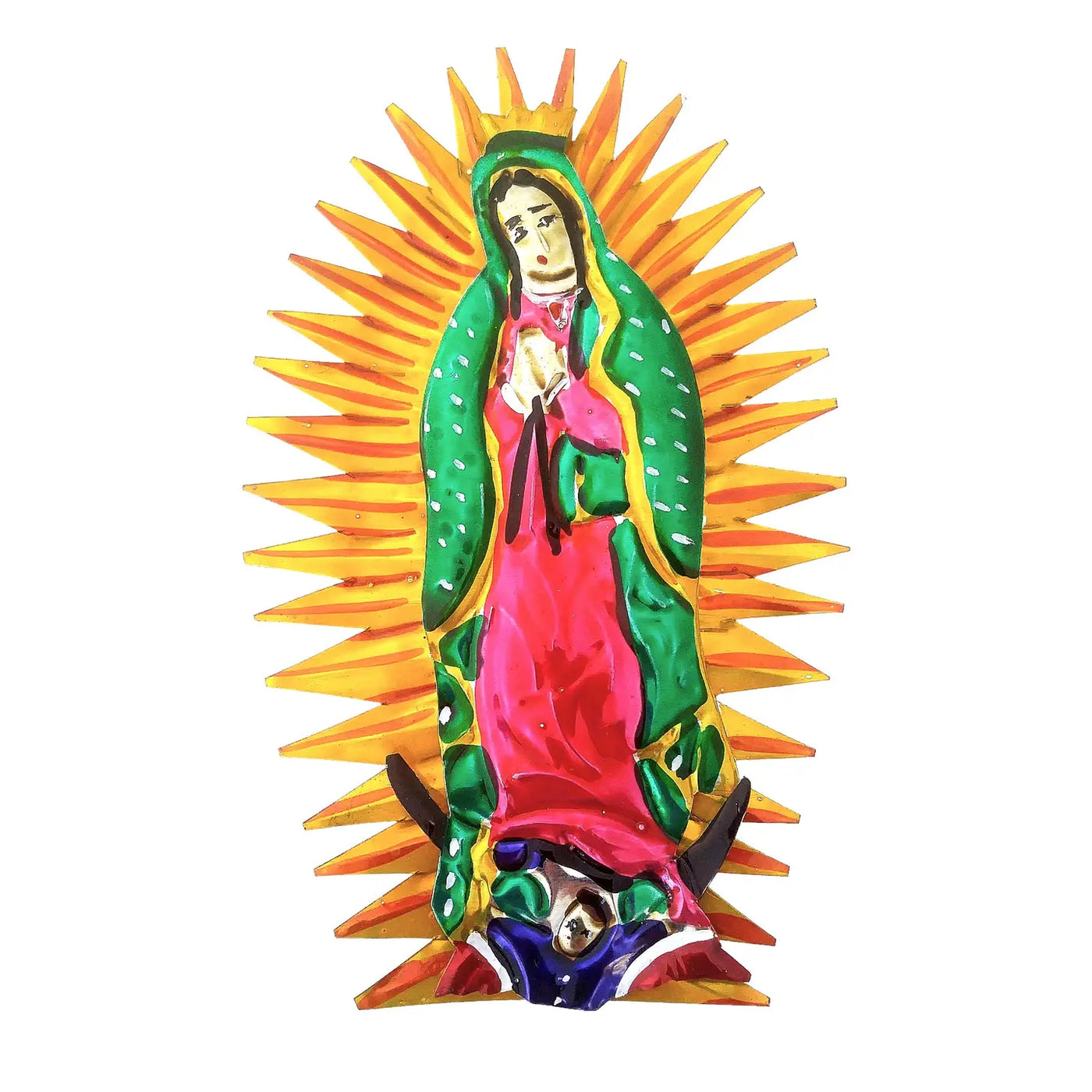 colorful tin ornament of Our Lady of Guadalupe.