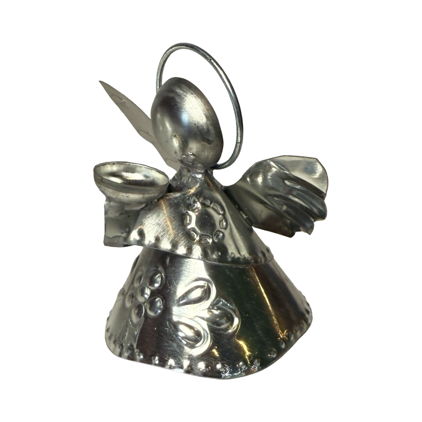 tin shaped angel holding a bowl.