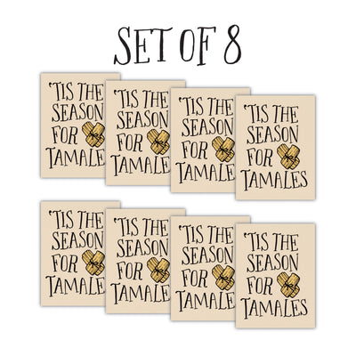 Front of 8 greeting cards with beige background & black text that reads "'Tis The Season For Tamales"