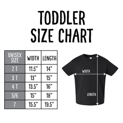 toddler shirt sizing chart featuring a black shirt and a table with sizes on the left.