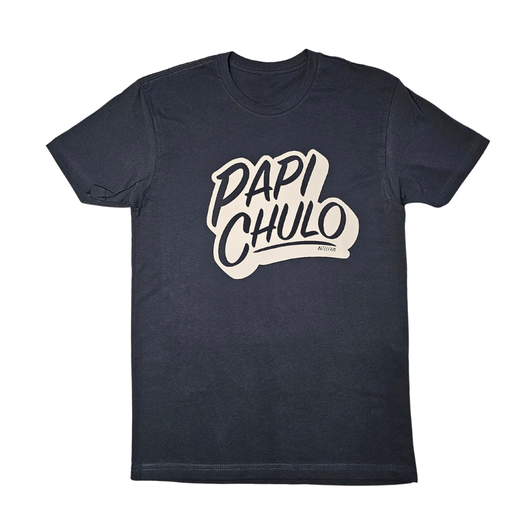 Indigo colored shirt with white graphic reading Papi Chulo