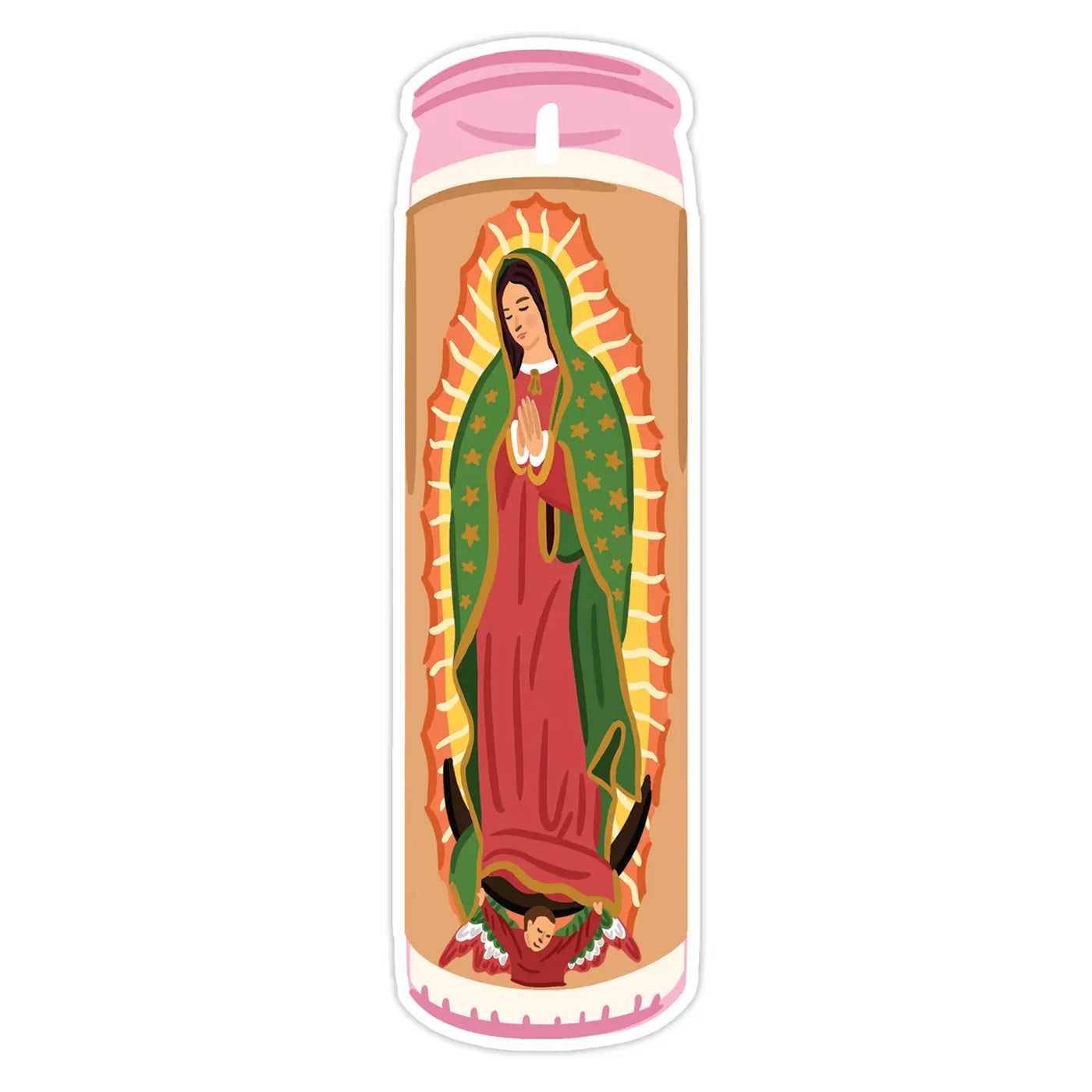 Bookmark shaped like a devotional candle featuring a colorful illustration of Our Lady of Guadalupe.