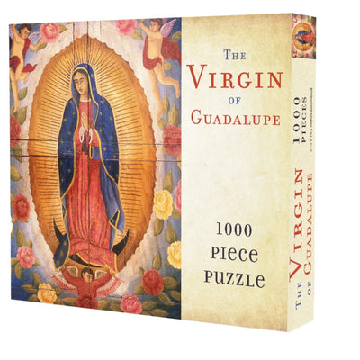 A 1000-piece puzzle box featuring an image of the Virgin of Guadalupe surrounded by angels and vibrant flowers. The box displays the title "The Virgin of Guadalupe" and indicates it contains 1000 pieces.