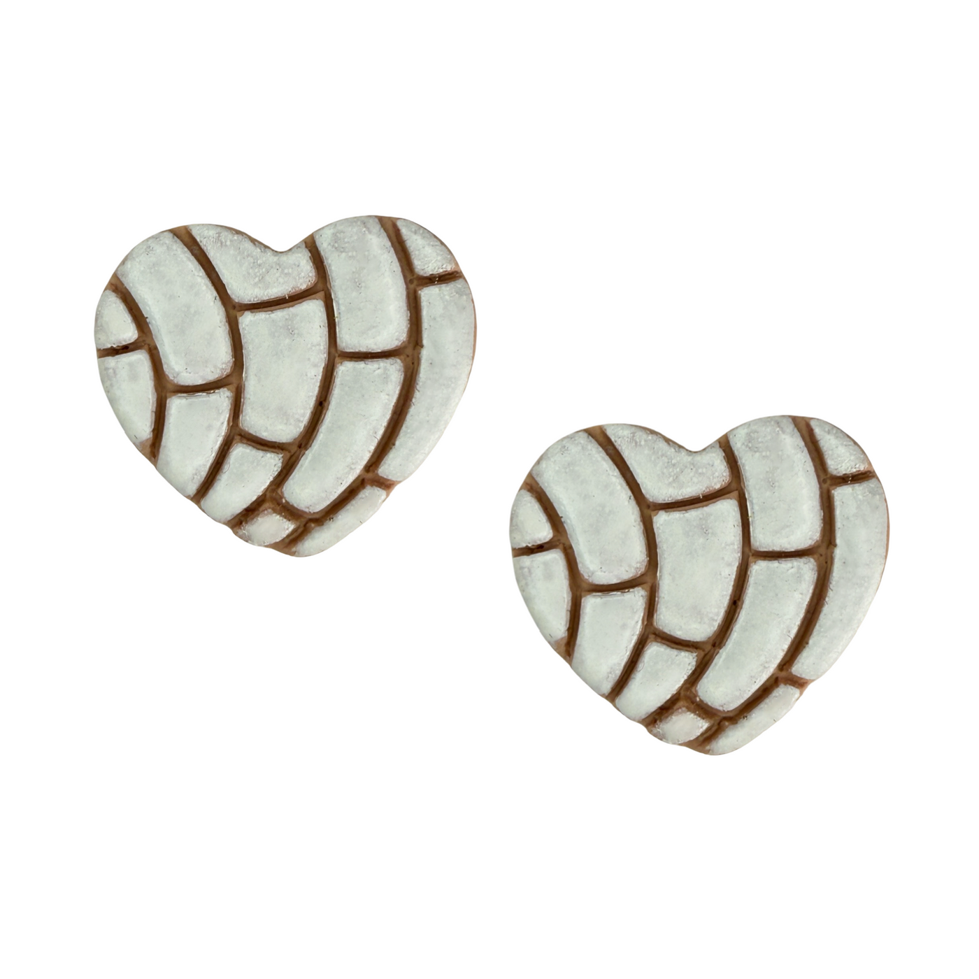Handmade white concha-inspired heart-shaped stud earrings with a textured sweet bread design.