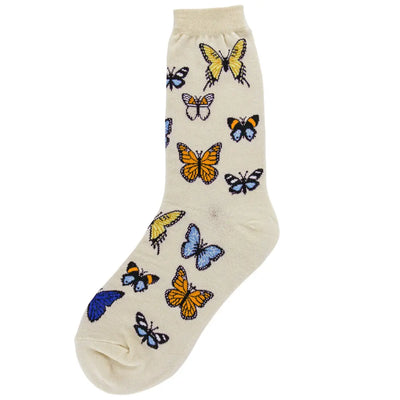 Cream women’s sock decorated with multicolored butterfly patterns in yellow, orange, blue, and black.