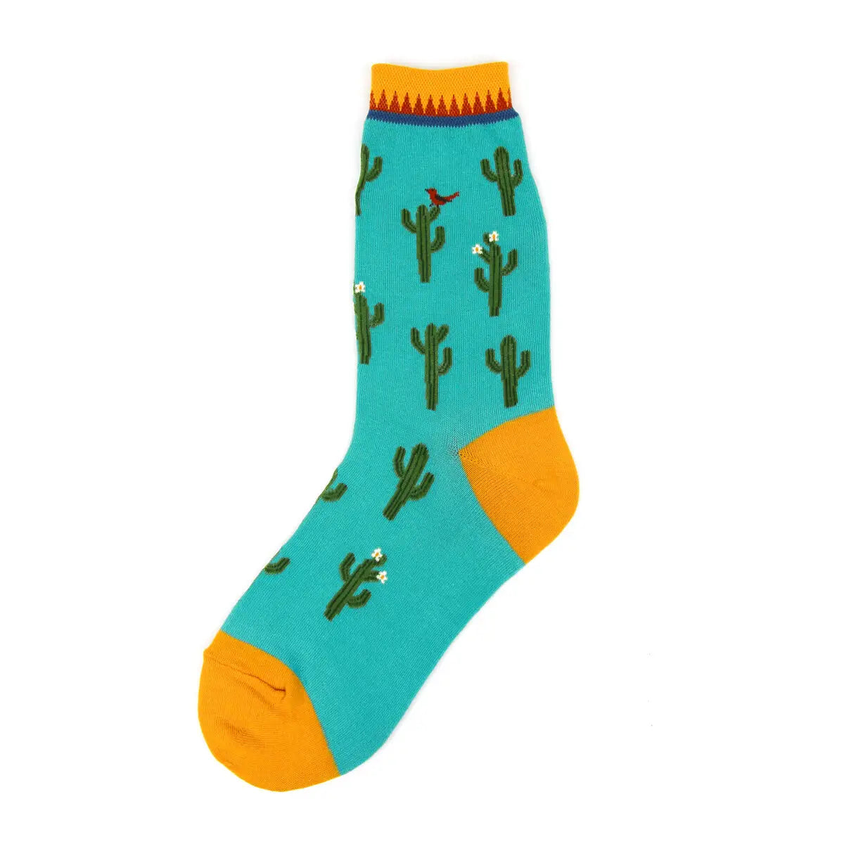 Teal women’s sock with green cactus pattern, small red bird detail, and golden heel, toe, and cuff accents.