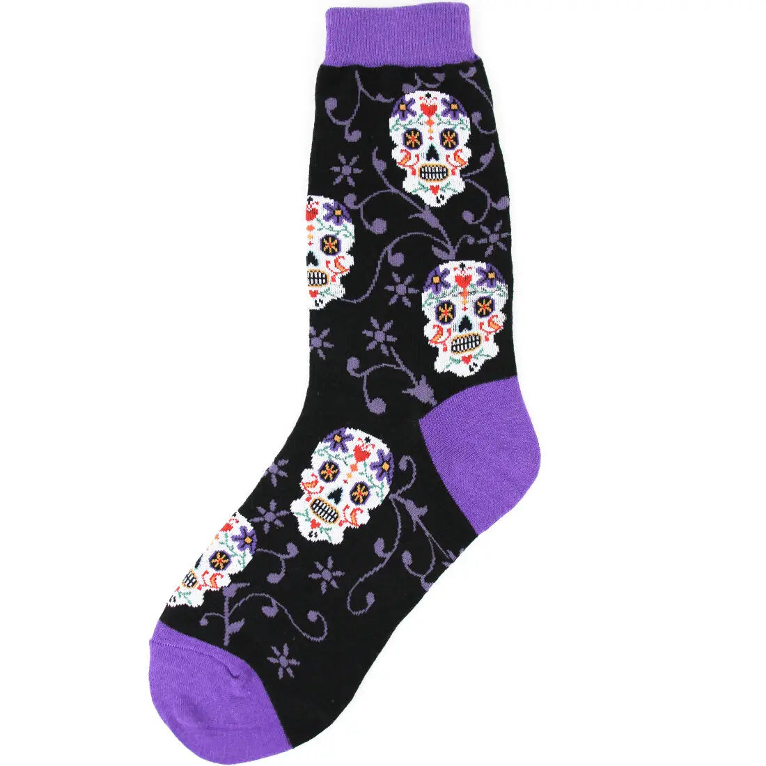 Black women’s sock with multicolored sugar skull and floral pattern, finished with purple cuff, heel, and toe accents.