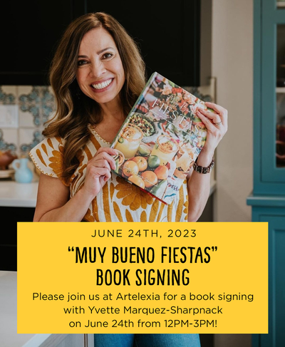 Photo of author Yvette Marquez-Sharpnack holding a copy of her book with a caption below that reads that says please join us at Artelexia for a book signing with Yvette Marquez-Sharpnack on June 24th from 12PM-3PM!