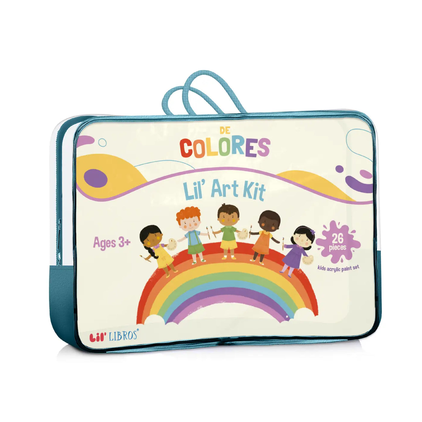 Lil' De Colores Art Kit for kids ages 3 and up. The kit includes 26 pieces, featuring a colorful rainbow on the cover and illustrations of diverse children holding hands. Packaged in a portable carrying case with blue handles.