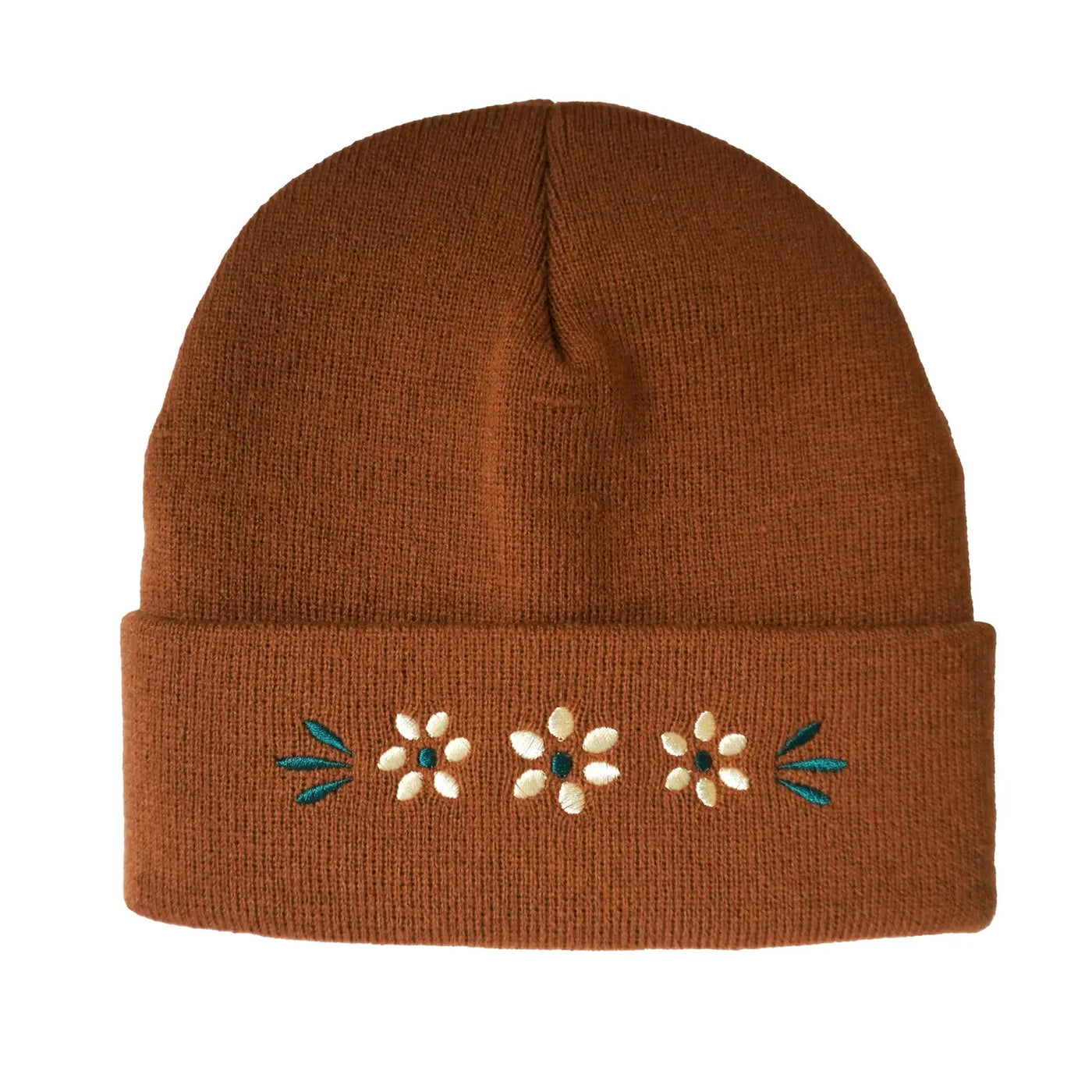 brown beanie with a embroidered barro floral design.