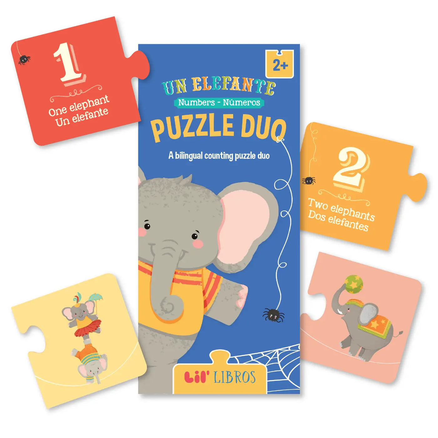 Un Elefante Puzzle Duo, a bilingual counting puzzle for ages 2 and up. The game features illustrations of elephants and puzzle pieces with numbers and bilingual text, such as '1 - One elephant / Un elefante' and '2 - Two elephants / Dos elefantes,' helping children learn to count in English and Spanish