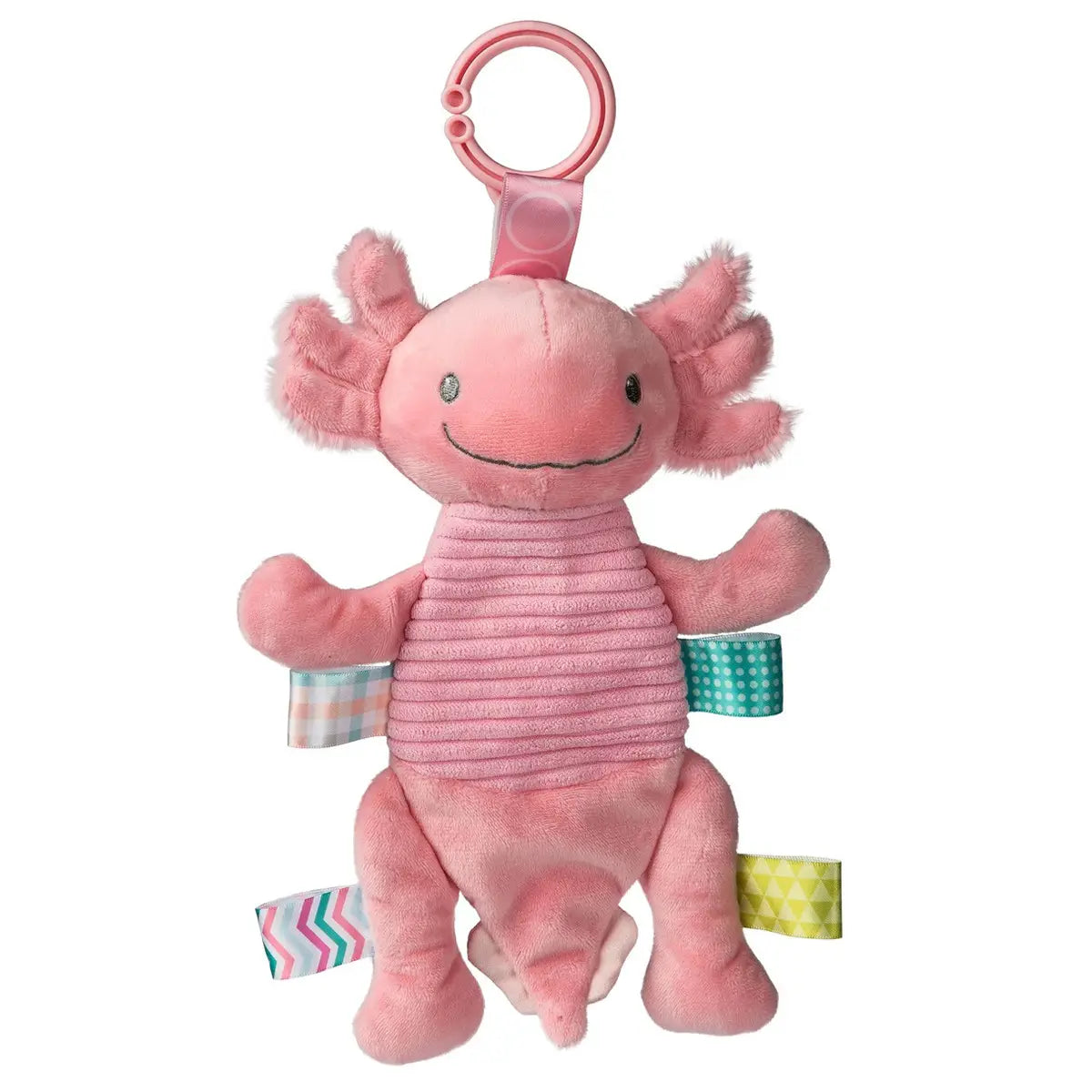 Soft pink axolotl plush toy with a ribbed belly, smiling face, fuzzy gills, colorful sensory tags, and a pink clip at the top.